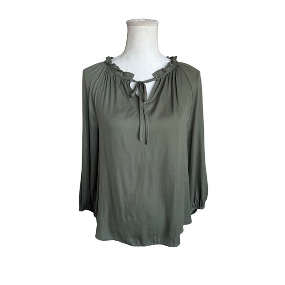 LOFT Tops - LOFT Green Tie Neck Blouse Women’s Small Long Sleeve Ruffle Neck Relaxed Fit